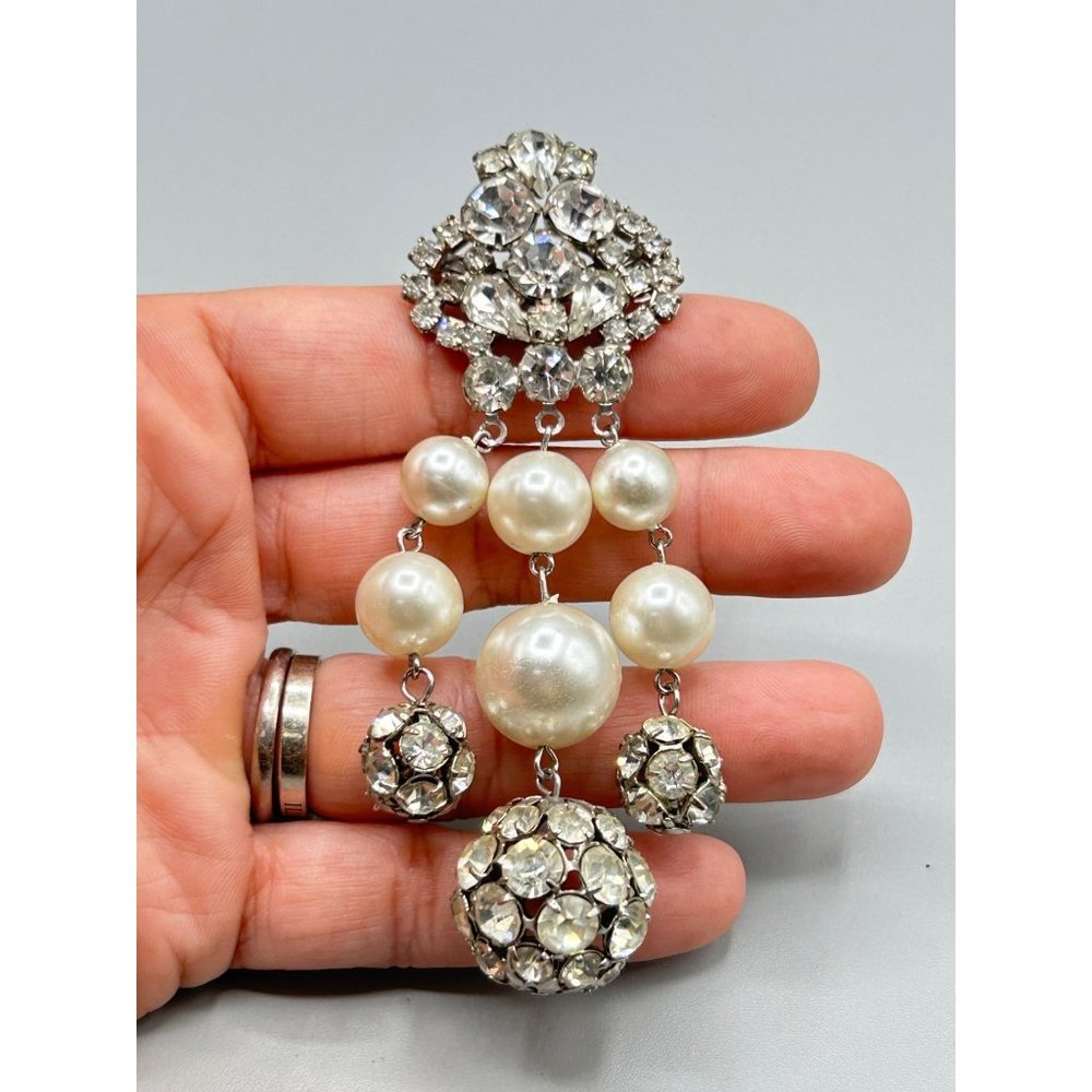 Vintage Rhinestone & Pearls Pin Brooch Clear Glass Stones Long Dangles Statement - Picture 4 of 6